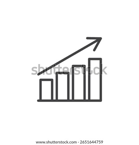 Outline icon of rising bar chart. Line vector symbol representing AI data analysis and business performance. Technology icon design.