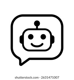 Outline icon of robot inside speech cloud with antenna and cute face