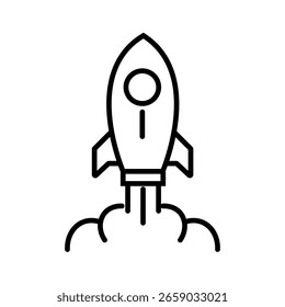 Icono de contorno de un lanzamiento de cohete, que simboliza un inicio rápido o la aceleración del negocio en un estilo de trazo editable lineal.
