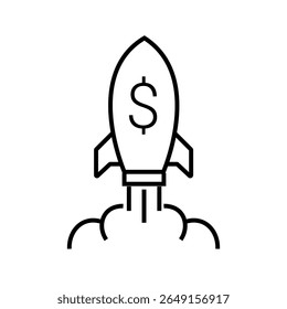 Outline icon of a rocket launching, representing the beginning of a business or startup initiative. Editable stroke. Vector illustration.