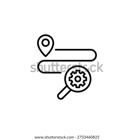 Outline Icon Of A Route Map With Location Pin And Magnifying Glass Gear Symbol
