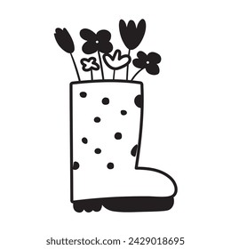 Outline icon. Rubber shoe with cute flowers. Vector illustration on white background.