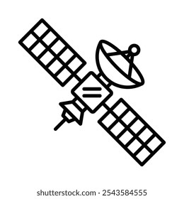 Ícone de esboço de um satélite em órbita com antenas. Traçado editável.