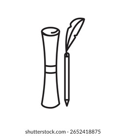 Ícone de estrutura de tópicos de uma caneta de rolagem e quill simbolizando testamento e testamento, documento legal, herança e planejamento de propriedade.