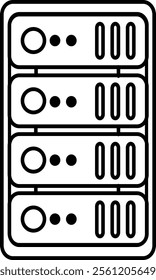 An outline icon of server racks, showcasing data storage and IT infrastructure. Features a clean and detailed line art style, perfect for topics like cloud computing, data centers, and networking.
