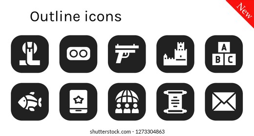  outline icon set. 10 filled outline icons. Simple modern icons about  - Cobra, Drugs, Gun, Belem tower, Toy, Fish, Smartphone, Worldwide, Scroll, Email