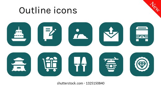 outline icon set. 10 filled outline icons.  Simple modern icons about  - Cake, Book, Desert, Email, Bus, Pagoda, Gift, Utensils, Beehive, Premium