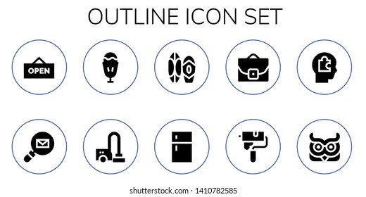 outline icon set. 10 filled outline icons.  Simple modern icons about  - Open, Email, Sundae, Vacuum cleaner, Surf, Fridge, Case, Paint roller, Head, Owl