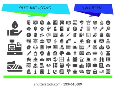 outline icon set. 120 filled outline icons.  Collection Of - Wash, Shoe, Cash register, Bidet, Display, Window, Nachos, Mixer, Broccoli, Worker, Shoes, Idea, Giant swing, Shake hands