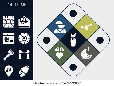 conjunto de iconos de esquema. 13 iconos de esquema rellenos.  Iconos modernos sencillos, como: Vestido, Lugar, Concha, Pastel, Línea, Regalo, Rueda, Carretera, Nota, Swings, Trastorno mental, Emociones, Ballena