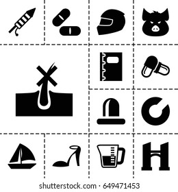 Outline icon. set of 13 filled outlineicons such as pig, bridge, no hair in skin, heel sandals, sailboat, pill, siren, notebook, fireworks, decanted, helmet