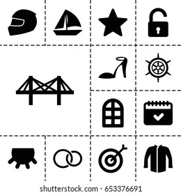 Outline icon. set of 13 filled outlineicons such as udder, window, opened lock, heel sandals, jacket, sailboat, calendar, bridge, rings, helmet, star, helm