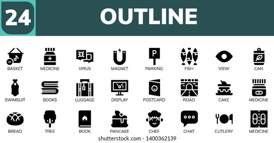 outline icon set. 24 filled outline icons.  Simple modern icons about  - Basket, Medicine, Virus, Magnet, Parking, Fish, View, Can, Swimsuit, Books, Luggage, Display, Postcard