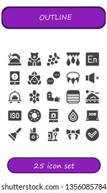 outline icon set. 25 filled outline icons.  Collection Of - Teapot, Teddy bear, Grapes, Garlands, Event, Dutch, Chat, Necklace, Volume, Luggage, Turtle, Tattoo, Notes