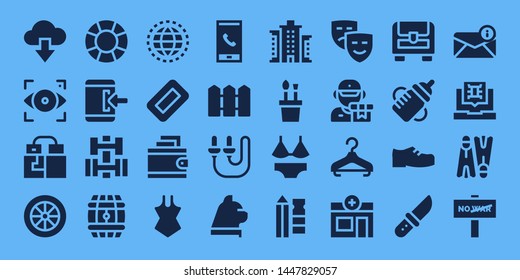 outline icon set. 32 filled outline icons. on blue background style Collection Of - Cloud computing, Focus, Gloves, Wheel, Support, Login, Dumbbell, Barrel, Worldwide, Soap, Wallet