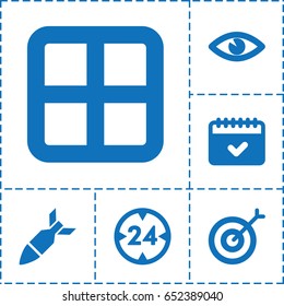 Outline icon. set of 6 outline filled icons such as window, eye, calendar, 24 hour, rocket bomb