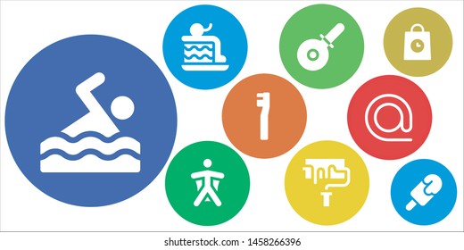 outline icon set. 9 filled outline icons.  Simple modern icons about  - Swimming, Cake, Pizza cutter, Wingsuit, Paint roller, Toothbrush, At, Delivery, Popsicle