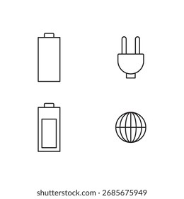 Conjunto de iconos de contorno de batería, batería baja y globo para electricidad.