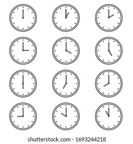 Outline icon set of clocks every hour.  Clocks showing various time vector illustration on isolated white background