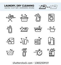 Outline icon set of clothes, towels, cleanig chemistry. Background for laundry, dry cleaning, housekeeping services. Flat vector design. Modern graphic design. Home appliance. House laundry.