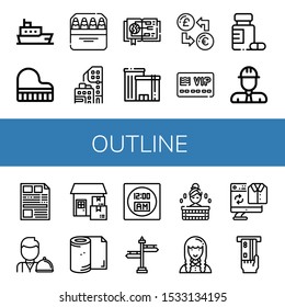 outline icon set. Collection of Ship, Grand piano, Pencils, Condominium, Guide, Factory, Exchange, Member card, Medicine, Engineer, Newspaper, Waiter, Delivery, Toilet paper icons