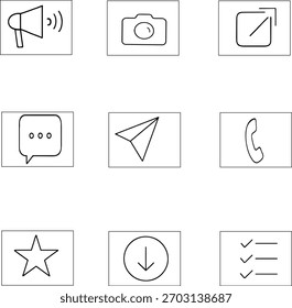 Outline icon set consisting megaphone camera link message paper plane telephone star download and list communication symbols