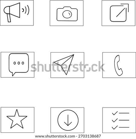 Outline icon set consisting megaphone camera link message paper plane telephone star download and list communication symbols