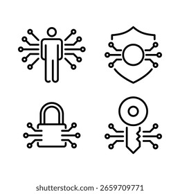 Outline icon set of cybersecurity and information protection. Features shield, padlock, key, and identity security with network nodes for data privacy, online safety, and cyber defense design. 