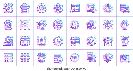 Outline Icon Set Of Data Science Technology And Machine Learning Process. Material Design Icon Suitable For Print, Website And Presentation