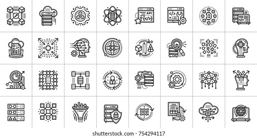 Outline icon set of Data science technology and machine learning process. Material design icon suitable for print, website and presentation