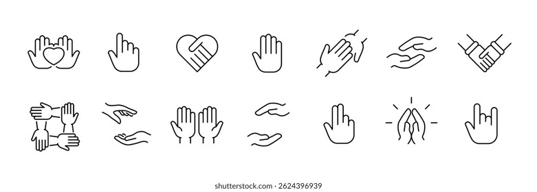 Outline icon set: diverse hand gestures for communication, support, and unity