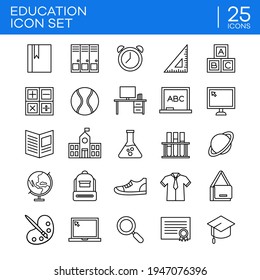 Outline icon set of education and learning activities. Suitable for design elements of online courses, distance school, and educational programs. 