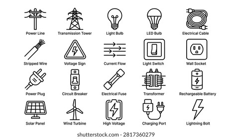 Outline icon set for electrical components and energy generation. includes electrical cable, stripped wire, voltage sign, current flow, light switch, wall socket, power plug, circuit breaker, electrical fuse, transformer, rechargeable battery, solar panel.