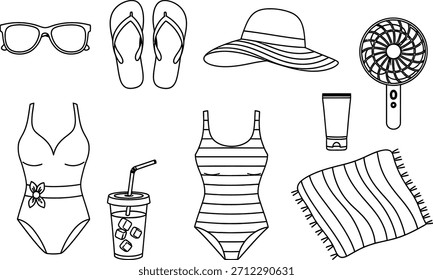 Conjunto de iconos de contorno de artículos esenciales para el verano, la playa y los viajes de vacaciones. Perfecto para el Diseño web o la impresión.