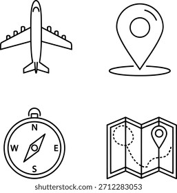 Conjunto de iconos de contorno con avión, pin de ubicación, brújula y mapa plegado para viajes y navegación.