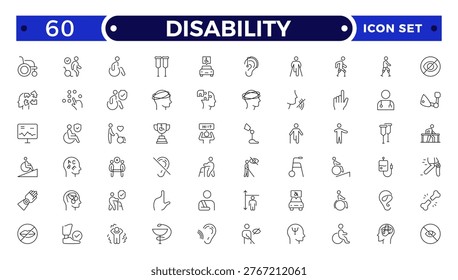 Outline icon set featuring disability support, rehabilitation, and assistive technology symbols.