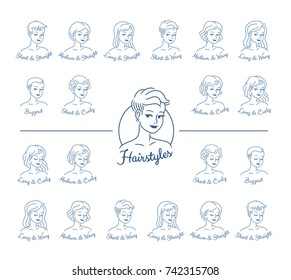 Outline icon set featuring various hairstyle types drawn in a retro pin-up style. Cartoon teenage girl character design. Fixed line weight and text.