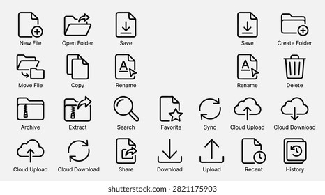 Outline icon set for file and folder management operations. Collection features symbols for creating, opening, saving, moving, copying, renaming, and deleting files. Includes cloud operations, search, and history. Ideal for user interfaces, software, and web applications.