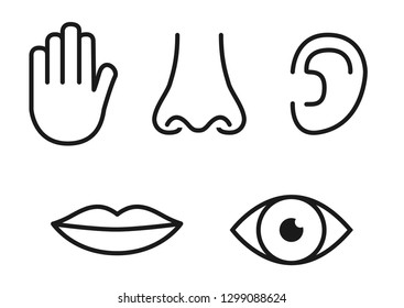 Outline icon set of five human senses: vision (eye), smell (nose), hearing (ear), touch (hand), taste (mouth with tongue).