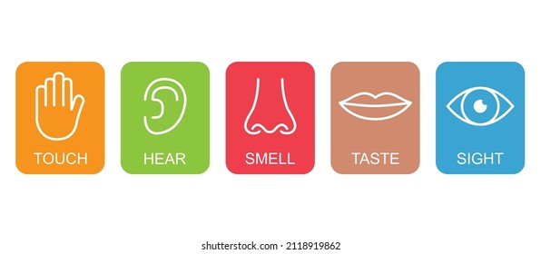 Outline icon set of five human senses: vision eye smell nose hearing ear touch hand taste mouth with tongue .