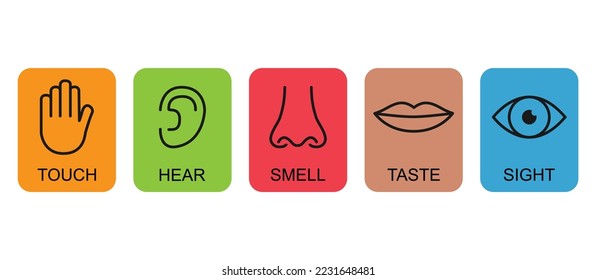 Outline icon set of five human senses: vision eye smell nose hearing ear touch hand taste mouth with tongue .