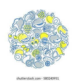 Outline icon set fruits and berries with elements for mobile concepts and web apps. Line and flat style icon. Vector sign.