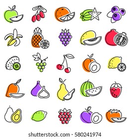 Outline icon set fruits and berries with elements for mobile concepts and web apps. Line and flat style icon. Vector sign.