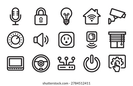 Outline icon set for home management systems including microphone security locks lightbulb network smart camera and household utility controls.