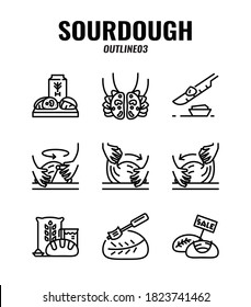 Outline icon set of homemade sourdough bread baking kit and process. icons set3