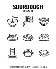 Outline icon set of homemade sourdough bread baking kit and process. icons set2