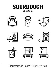 Outline icon set of homemade sourdough bread baking kit and process. icons set1