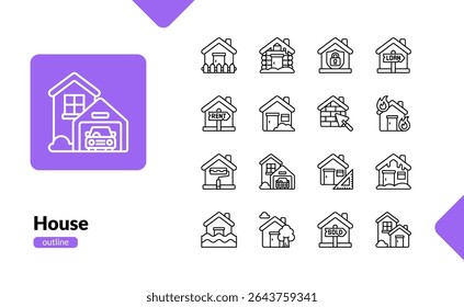 Outline icon set of houses including rent loan sold fire and construction variations perfect for real estate mobile dashboard infographic or property marketplace project