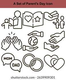Outline icon set illustrates family reading together, parent's day, global care, love hearts, wedding celebration rings, mom  dad speech bubbles, and hand gestures.