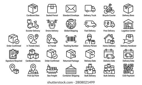 Outline icon set illustrates various aspects of delivery and logistics, including cardboard box, sealed parcel, standard envelope, delivery truck, bicycle courier, scooter, drone, global shipping, fast delivery, and logistics center.